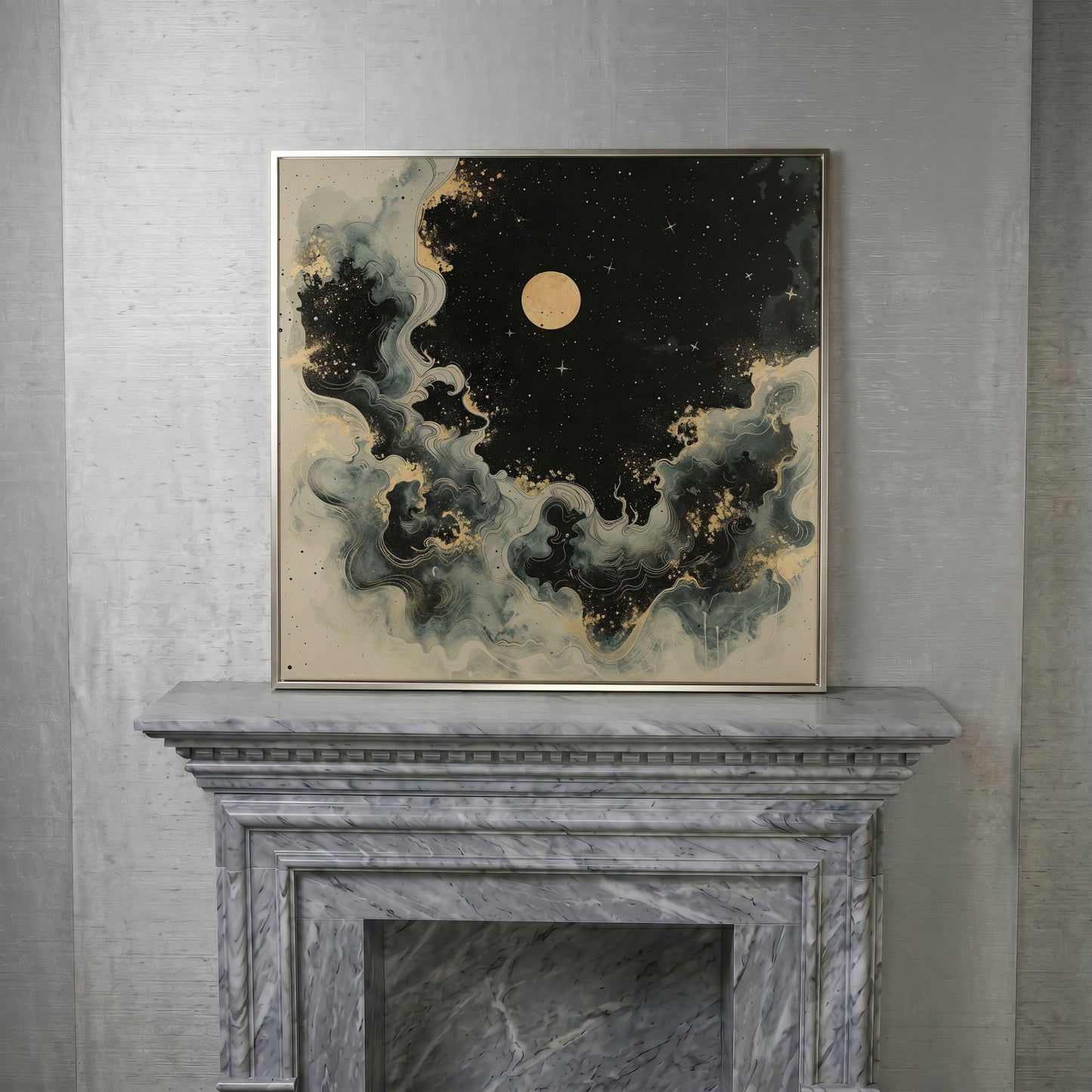 Abstract Cosmic Swirls with Full Moon Canvas in silver floating frame