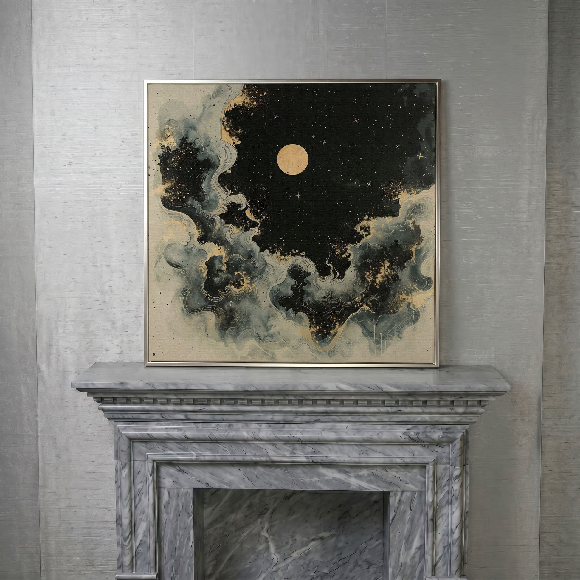 Abstract Cosmic Swirls with Full Moon Canvas in silver floating frame