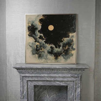 Abstract Cosmic Swirls with Full Moon Canvas in silver floating frame