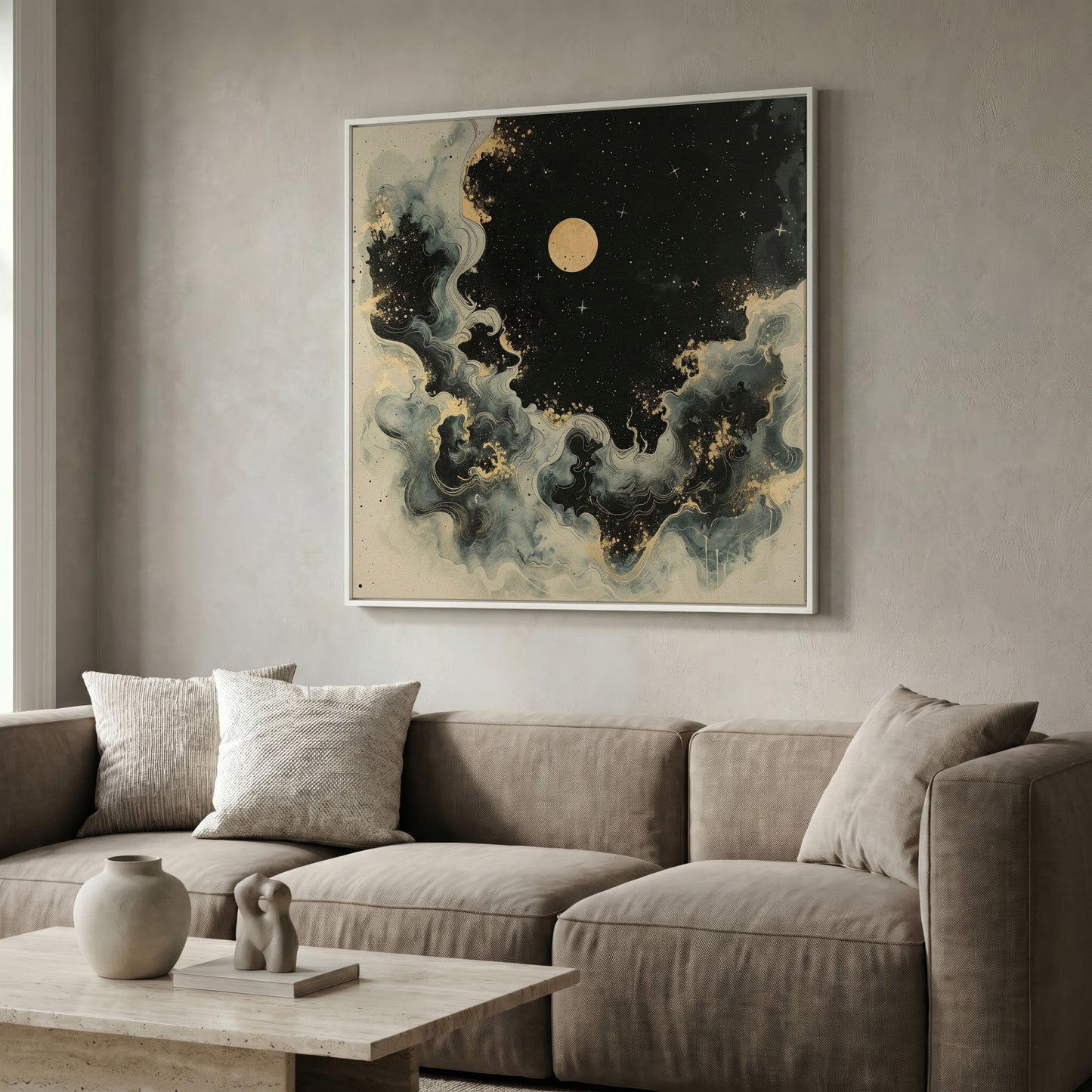 Abstract Cosmic Swirls with Full Moon Canvas in white floating frame