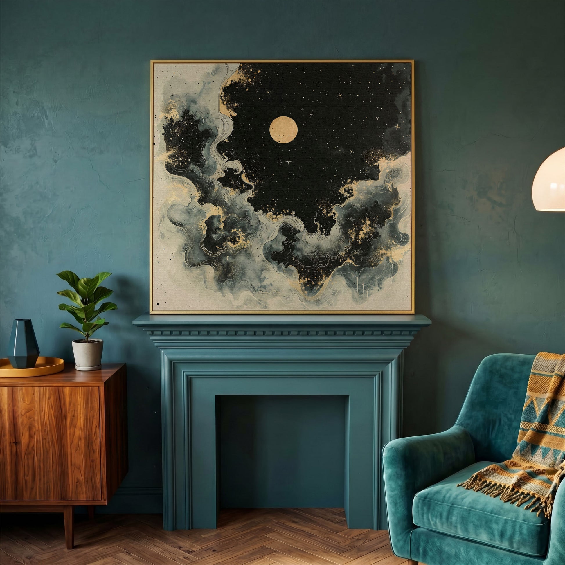 Abstract Cosmic Swirls with Full Moon Canvas in yellow gold floating frame