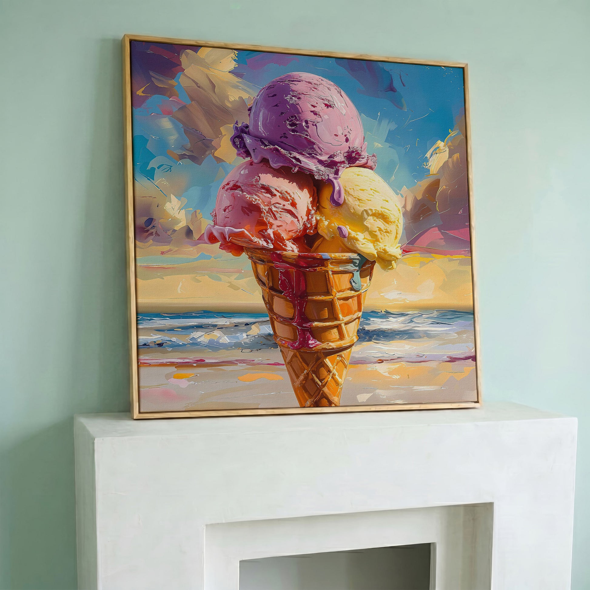 Vibrant Dessert Canvas Print in white oak floating frame
