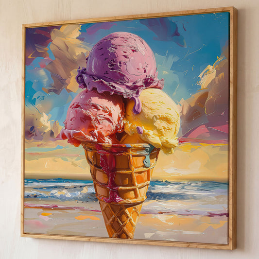 Vibrant Dessert Canvas Print shown in white oak floating frame