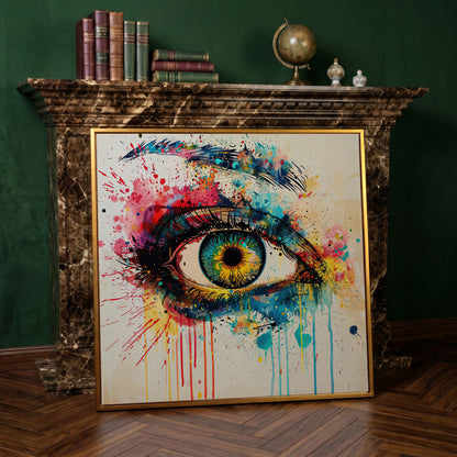 Colorful Eye Pop Art Canvas in antique gold floating frame