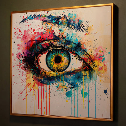 Colorful Eye Pop Art Canvas shown in antique gold floating frame