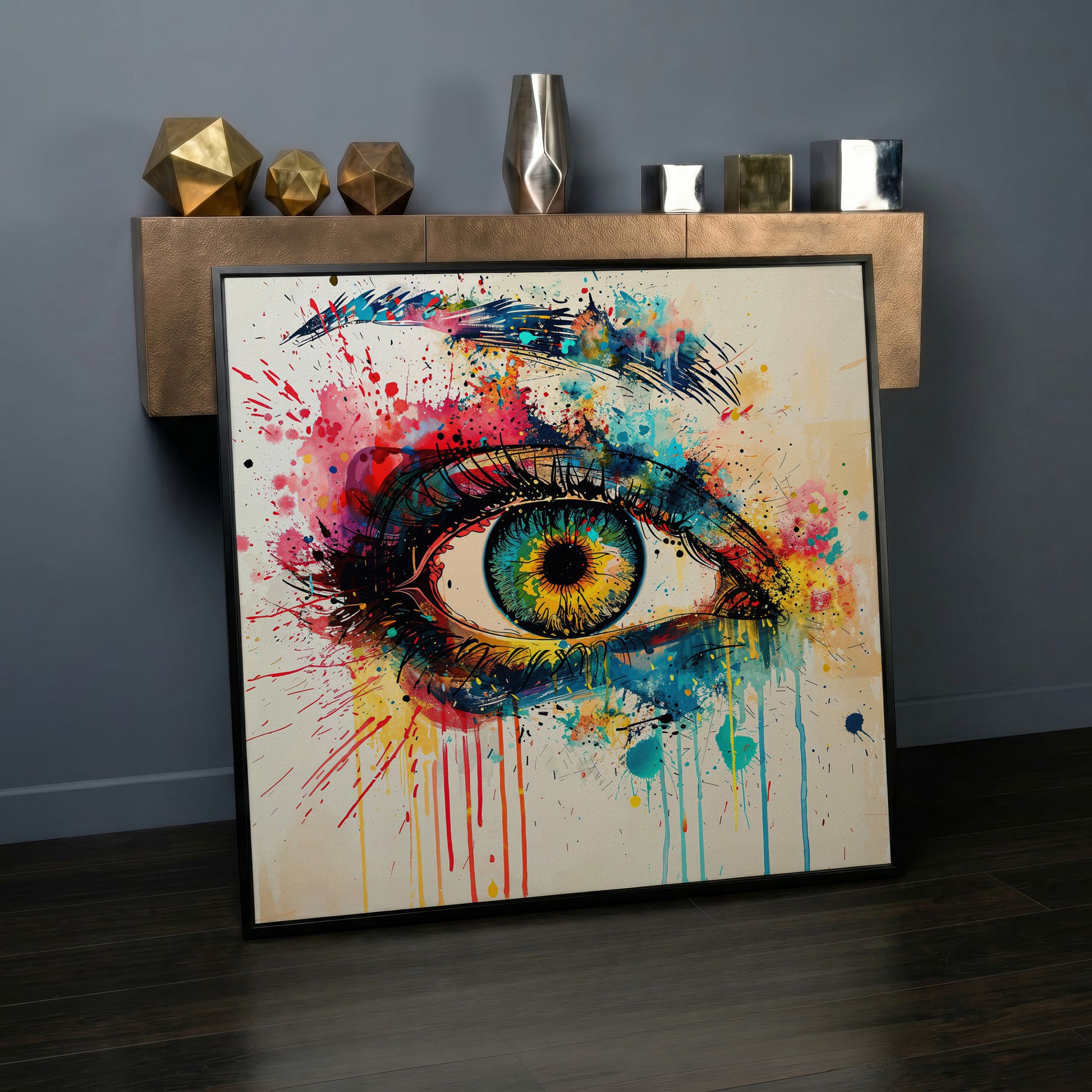 Colorful Eye Pop Art Canvas in black floating frame