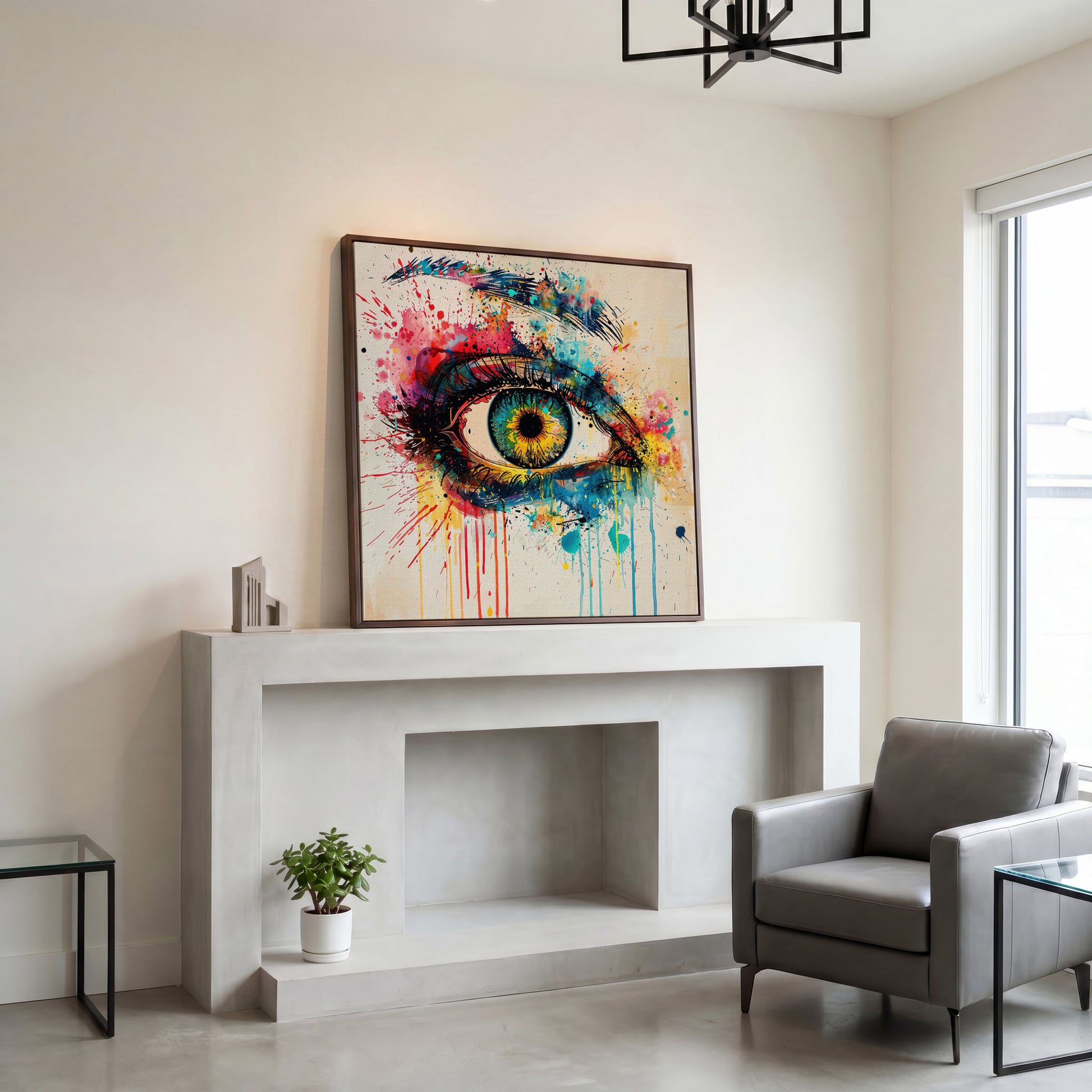 Colorful Eye Pop Art Canvas in dark walnut floating frame