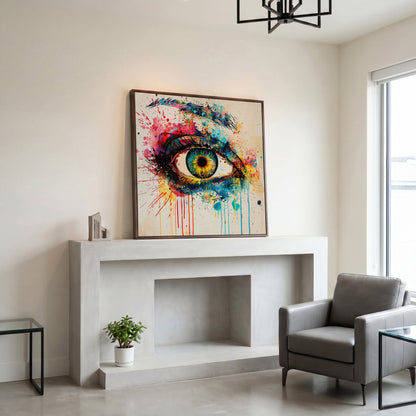 Colorful Eye Pop Art Canvas in dark walnut floating frame