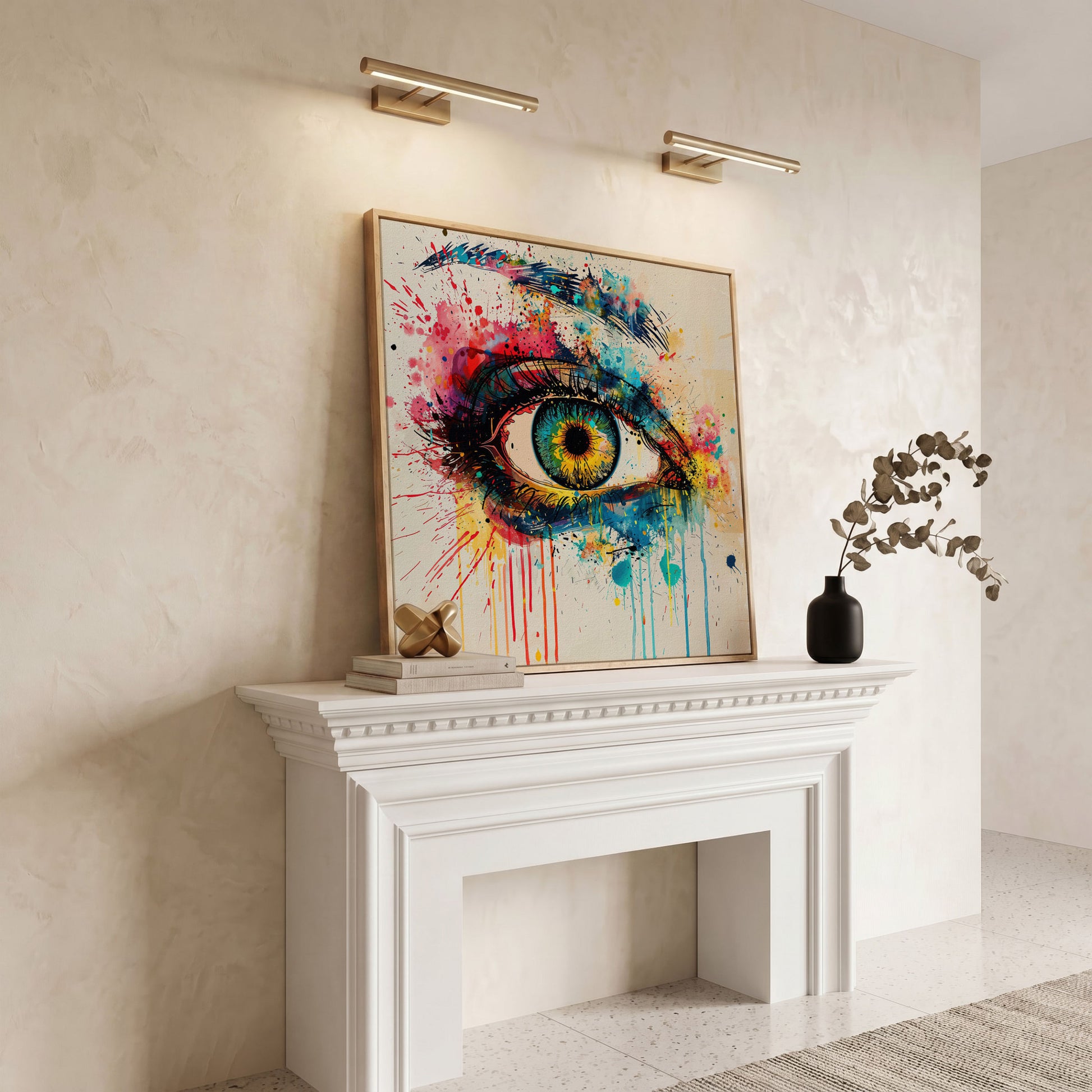 Colorful Eye Pop Art Canvas in white oak floating frame