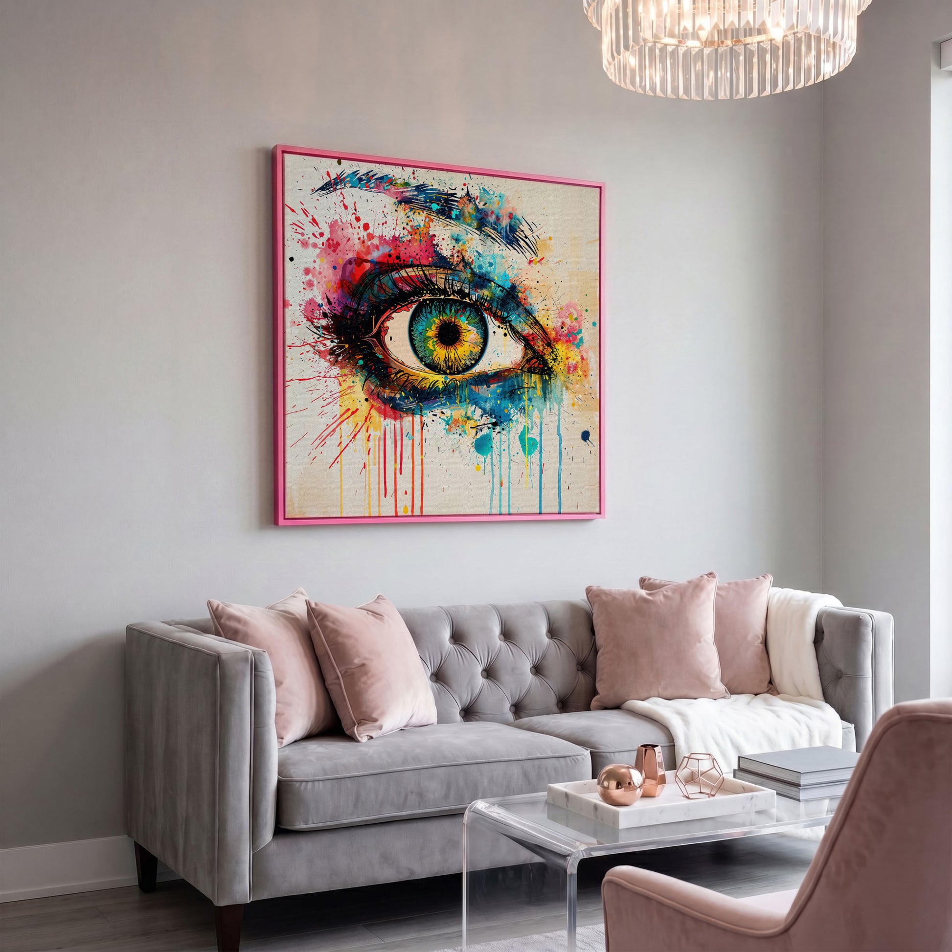 Colorful Eye Pop Art Canvas in pink floating frame