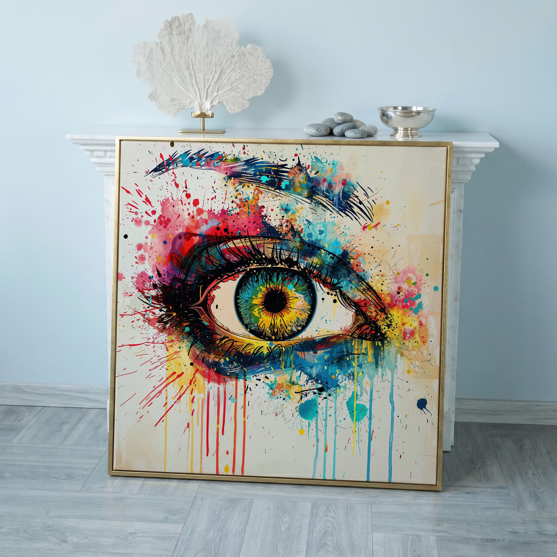 Colorful Eye Pop Art Canvas in rose gold floating frame