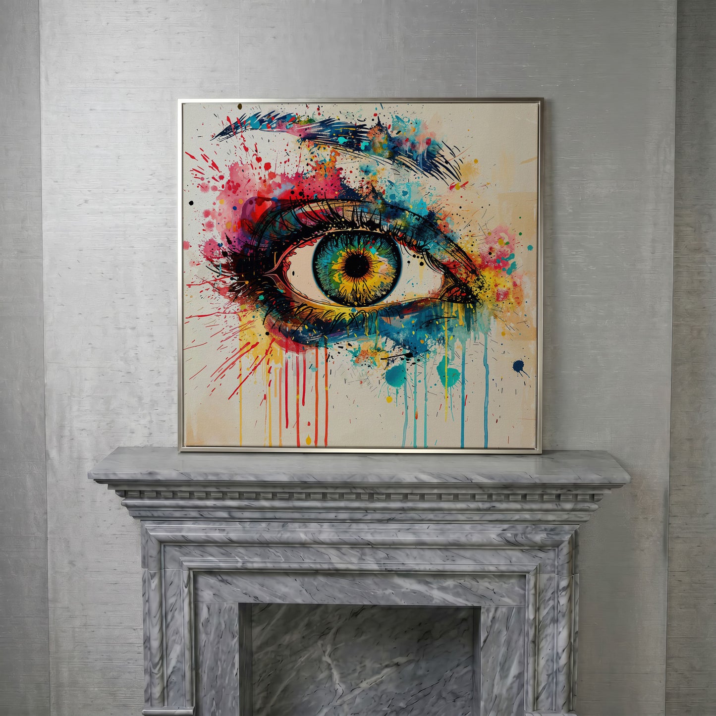 Colorful Eye Pop Art Canvas in silver floating frame