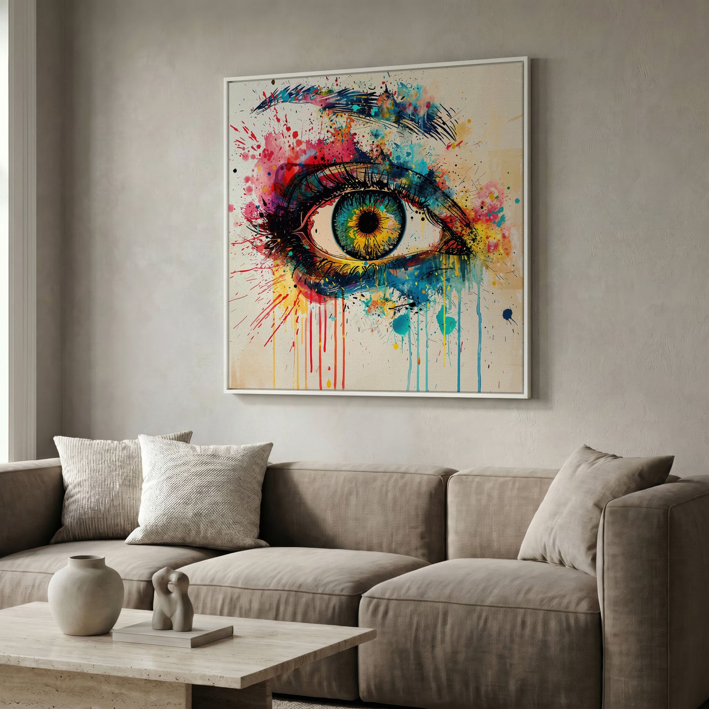 Colorful Eye Pop Art Canvas in white floating frame