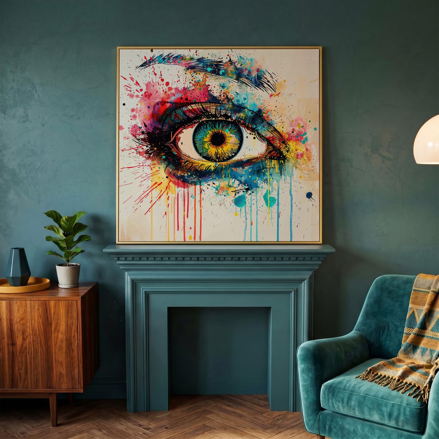 Colorful Eye Pop Art Canvas in yellow gold floating frame
