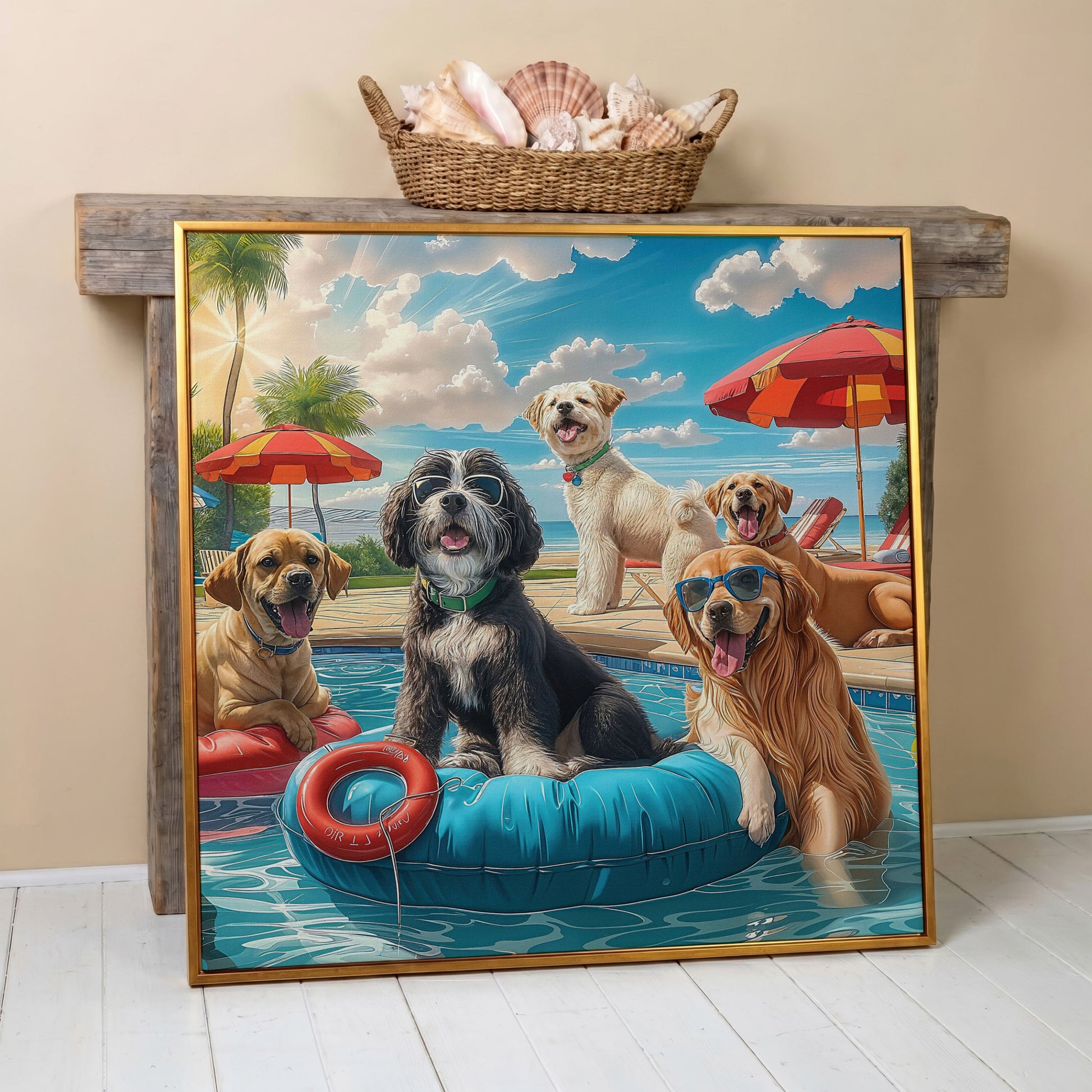 Dogs Pool Party Canvas in antique gold floating frame