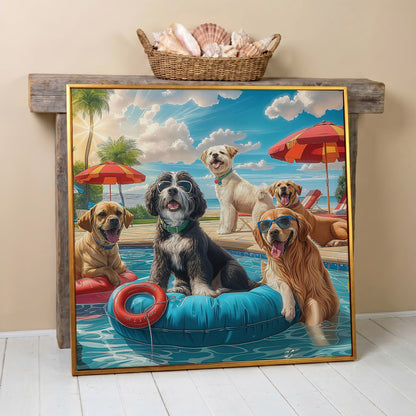 Dogs Pool Party Canvas in antique gold floating frame