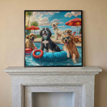 Dogs Pool Party Canvas in black floating frame