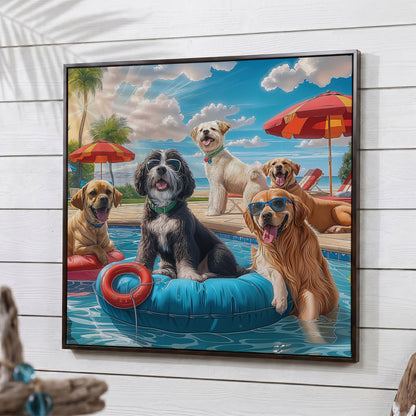 Dogs Pool Party Canvas in dark walnut floating frame