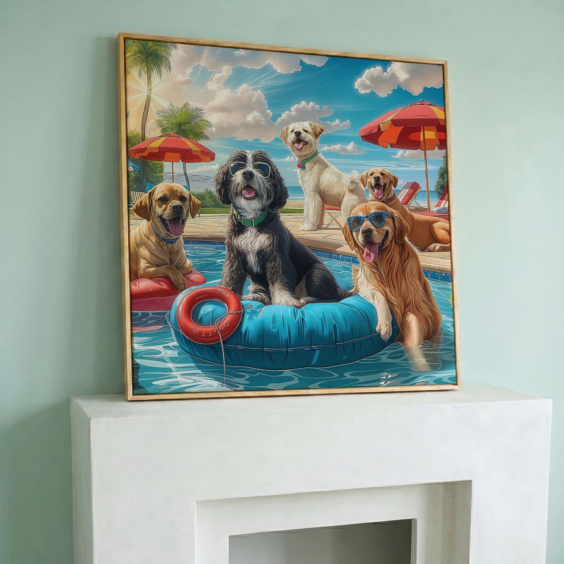 Dogs Pool Party Canvas in white oak floating frame