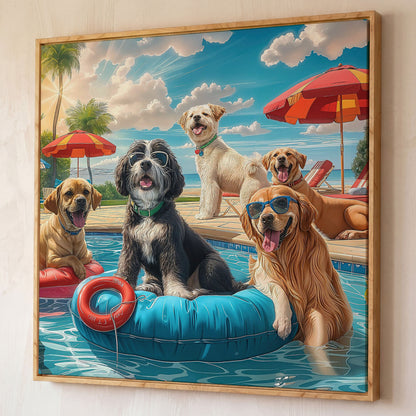 Dogs Pool Party Canvas shown in white oak floating frame