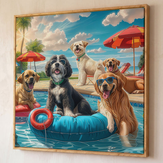 Dogs Pool Party Canvas shown in white oak floating frame