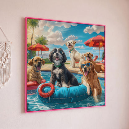 Dogs Pool Party Canvas in pink floating frame