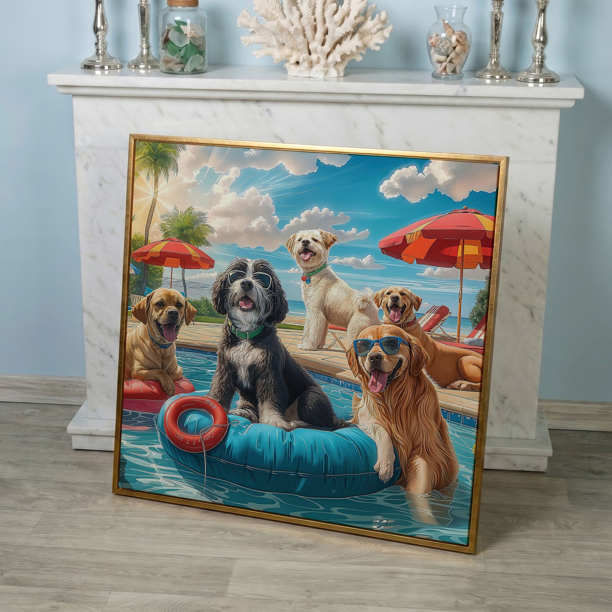 Dogs Pool Party Canvas in rose gold floating frame