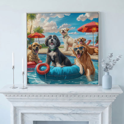 Dogs Pool Party Canvas in silver floating frame
