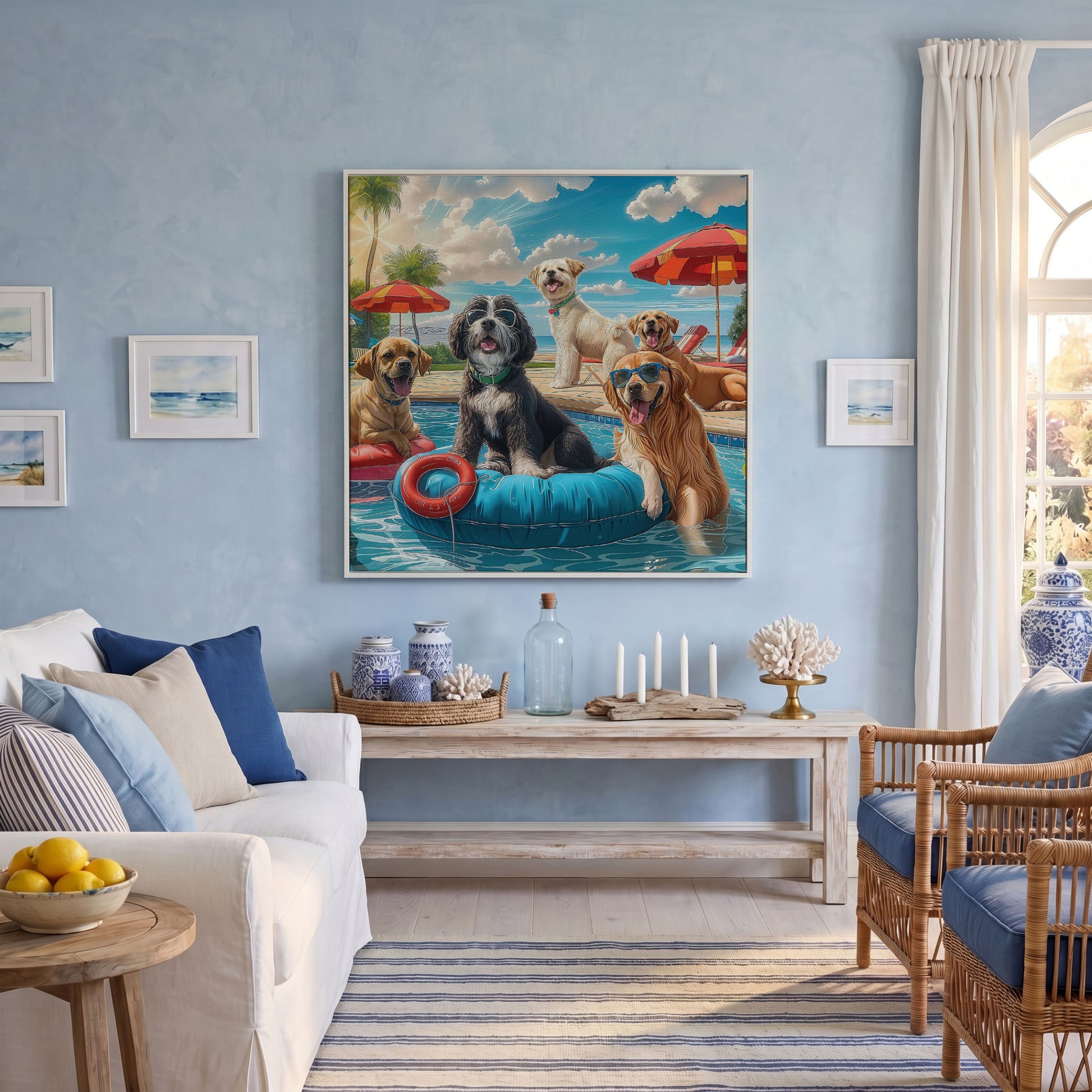 Dogs Pool Party Canvas in white floating frame