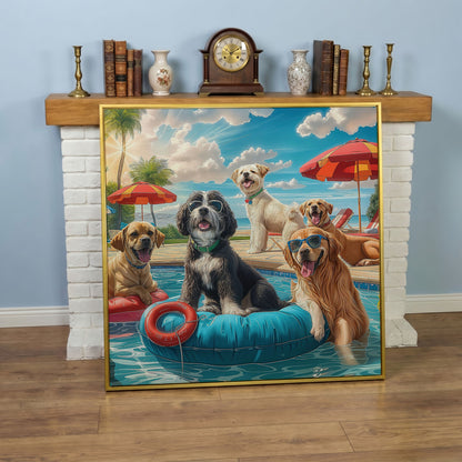 Dogs Pool Party Canvas in yellow gold floating frame