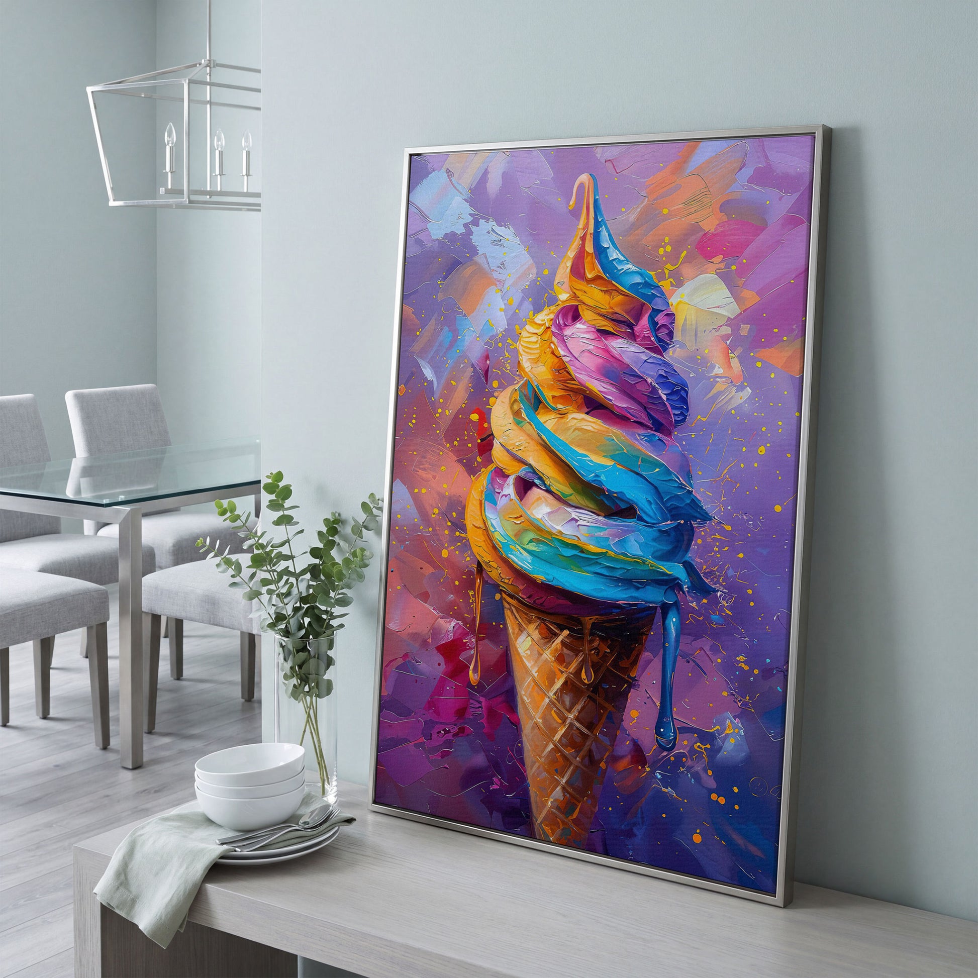 Colorful Dessert Canvas Print for Kitchen Walls in silver floating frame
