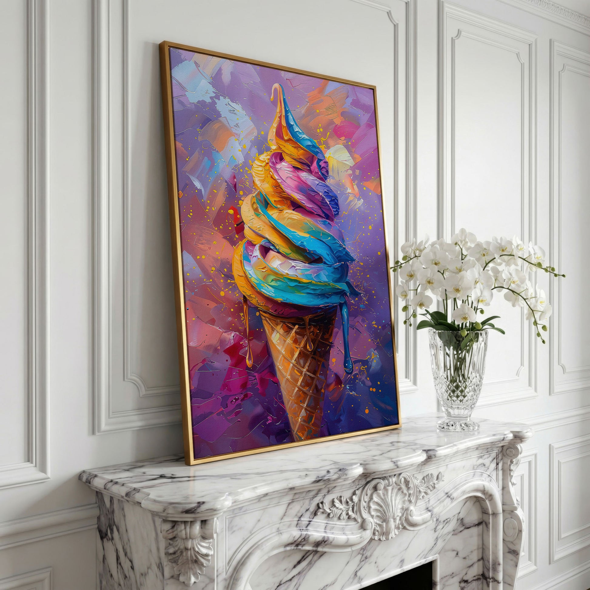 Colorful Dessert Canvas Print for Kitchen Walls in yellow gold floating frame