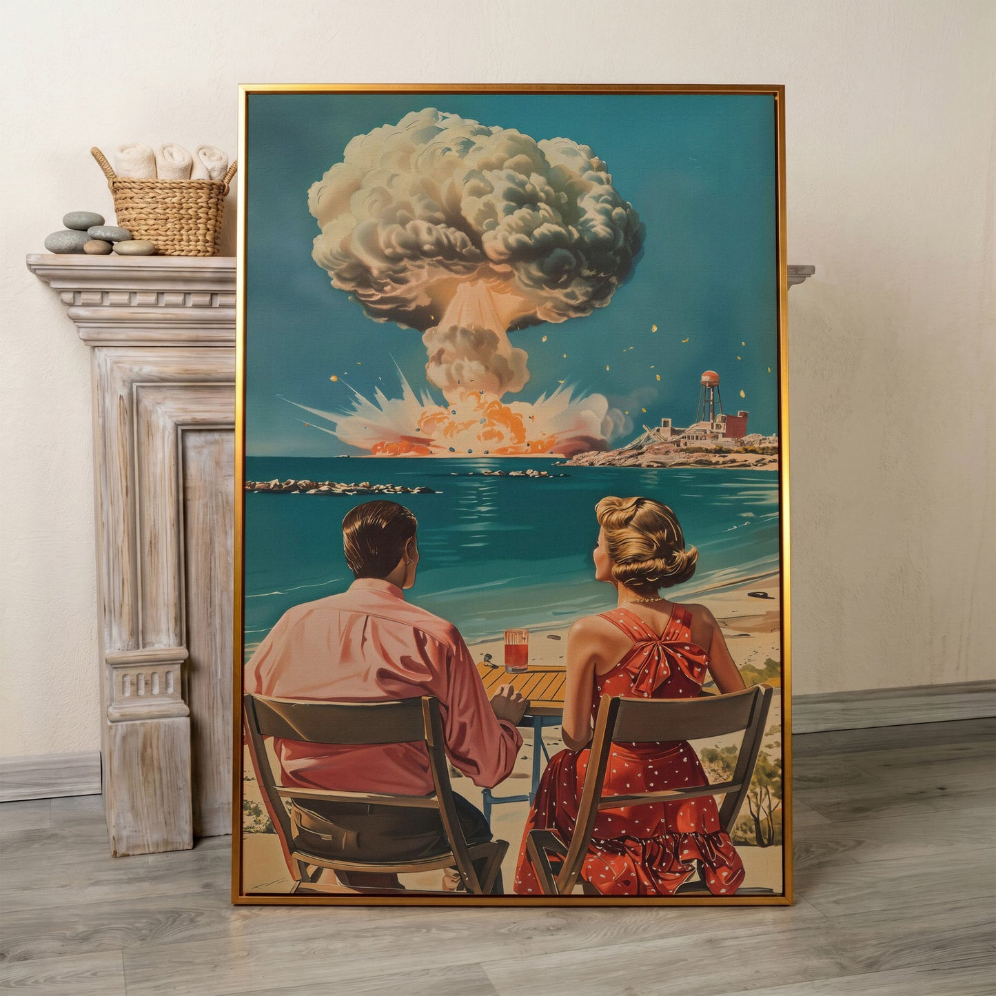 Retro Couple at Atomic Blast Canvas Print in antique gold floating frame