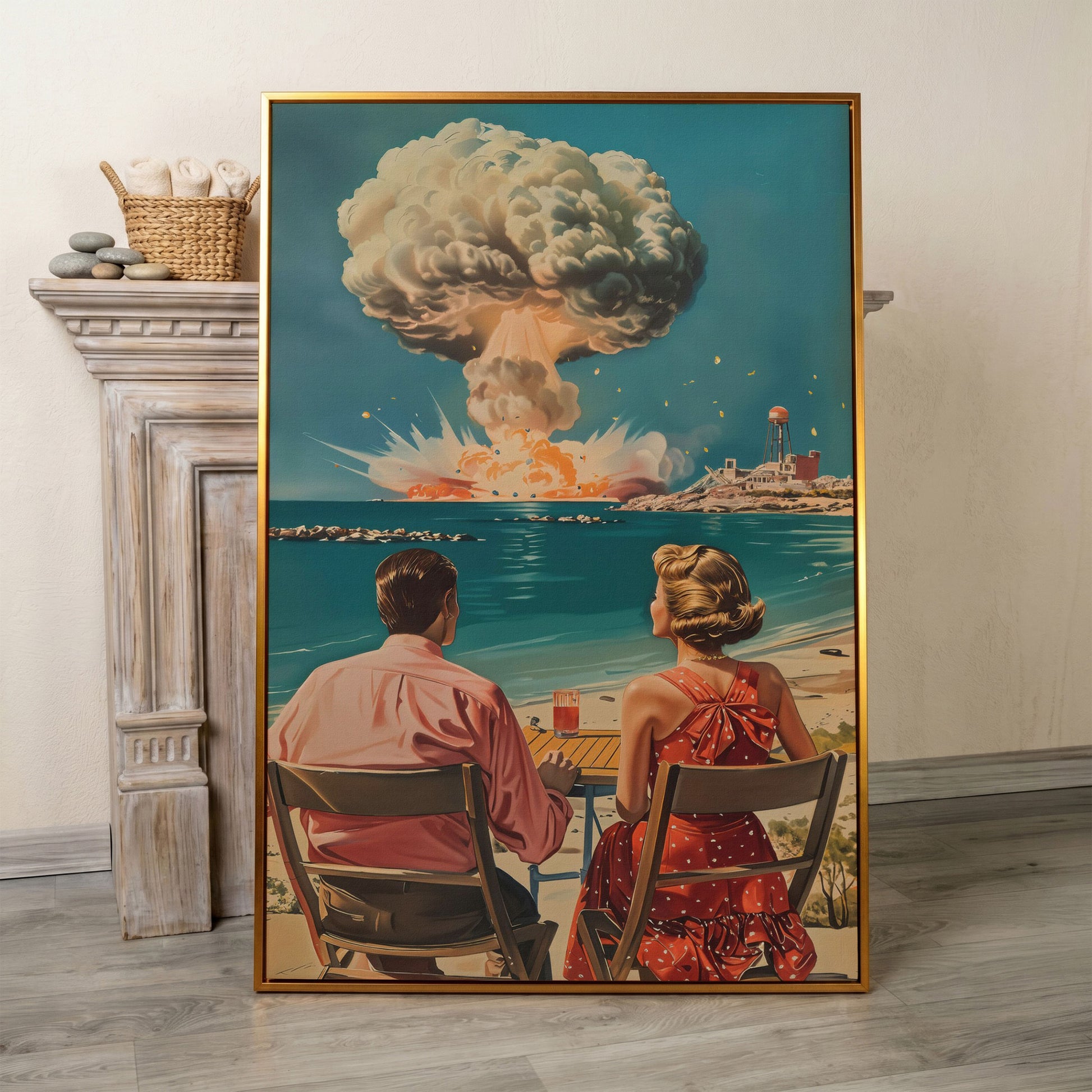 Retro Couple at Atomic Blast Canvas Print in antique gold floating frame