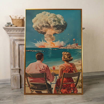 Retro Couple at Atomic Blast Canvas Print in antique gold floating frame