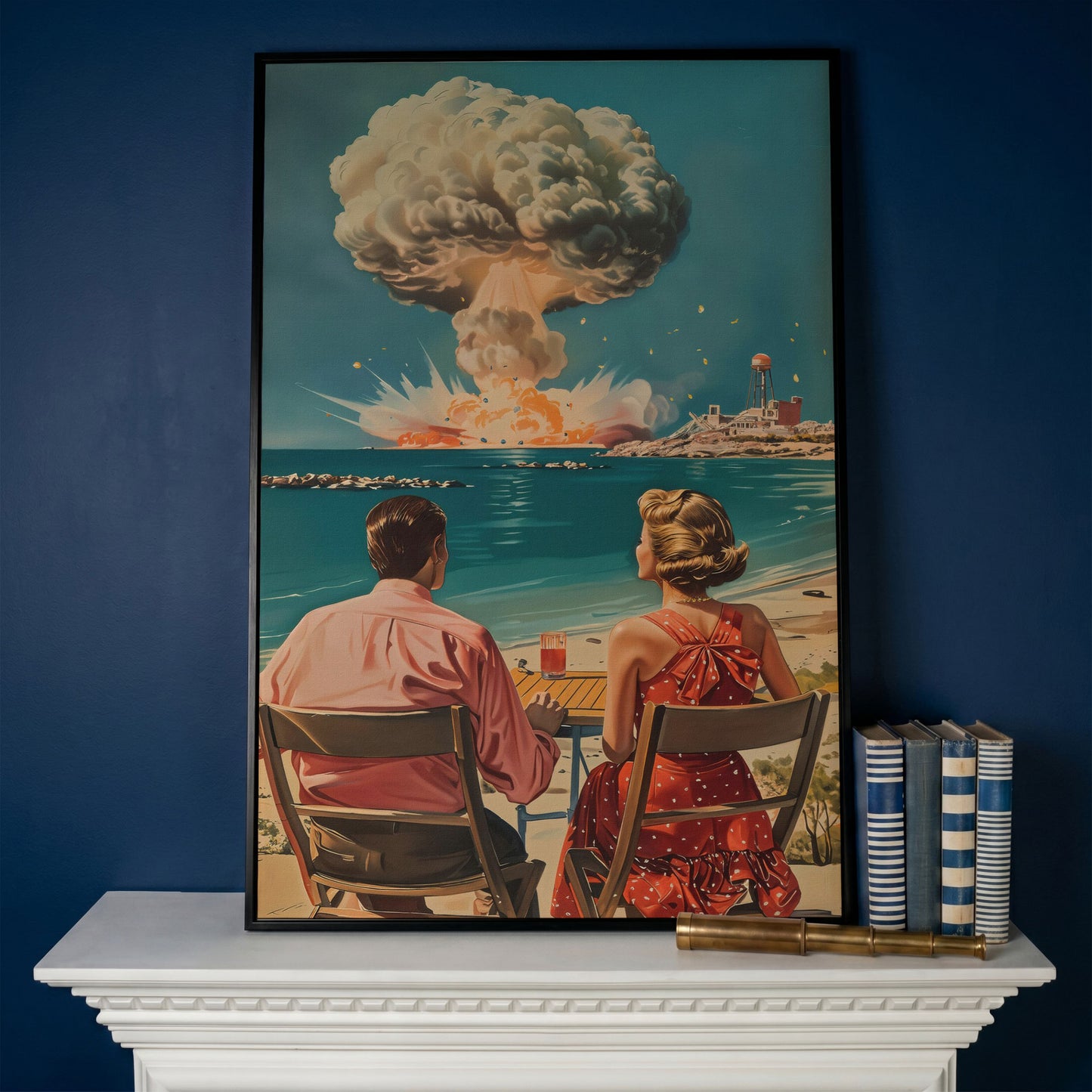 Retro Couple at Atomic Blast Canvas Print in black floating frame