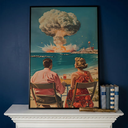 Retro Couple at Atomic Blast Canvas Print in black floating frame