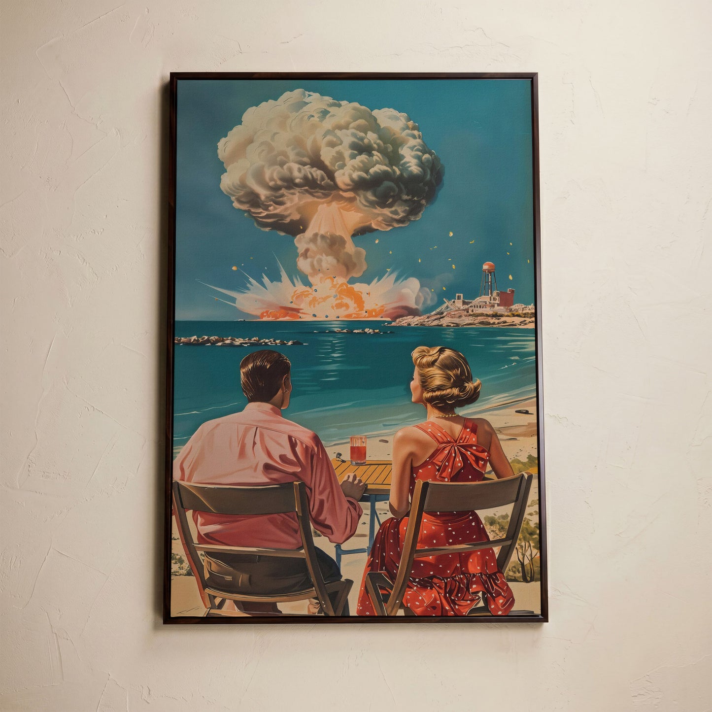 Retro Couple at Atomic Blast Canvas Print in dark walnut floating frame