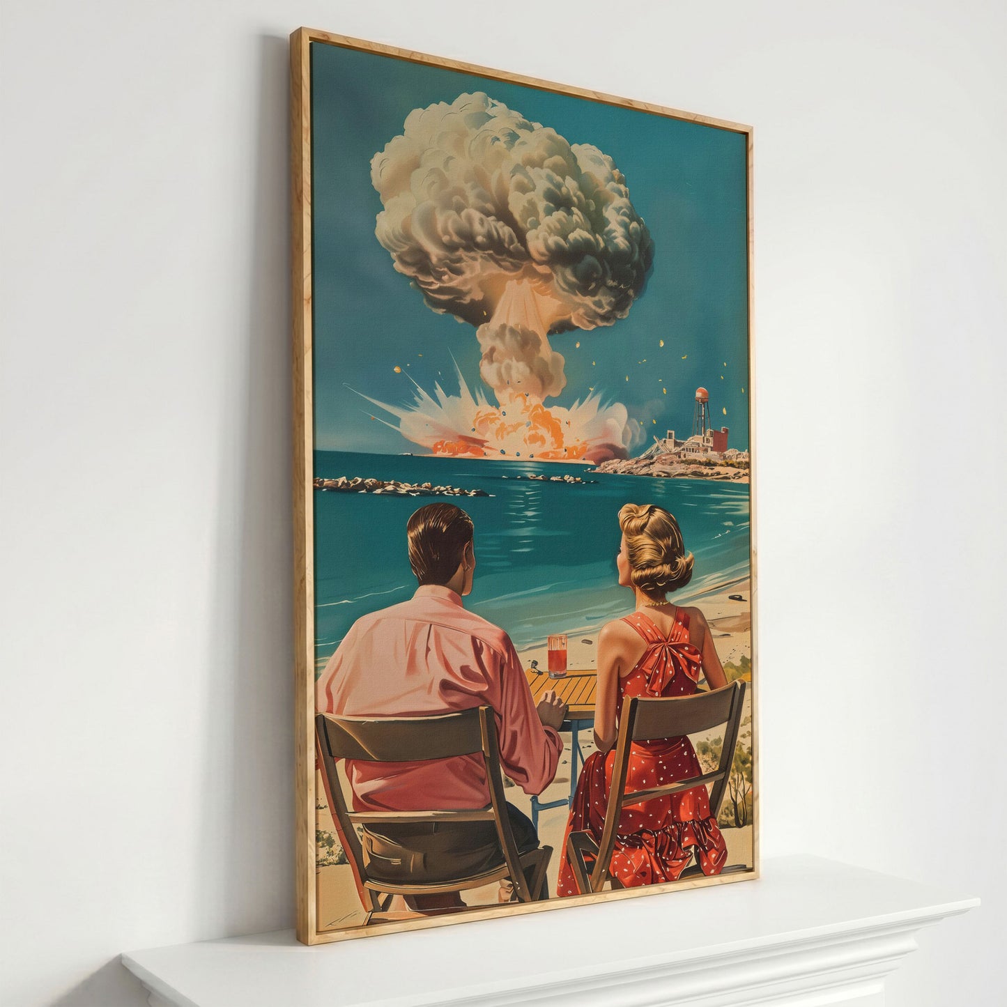 Retro Couple at Atomic Blast Canvas Print in white oak floating frame