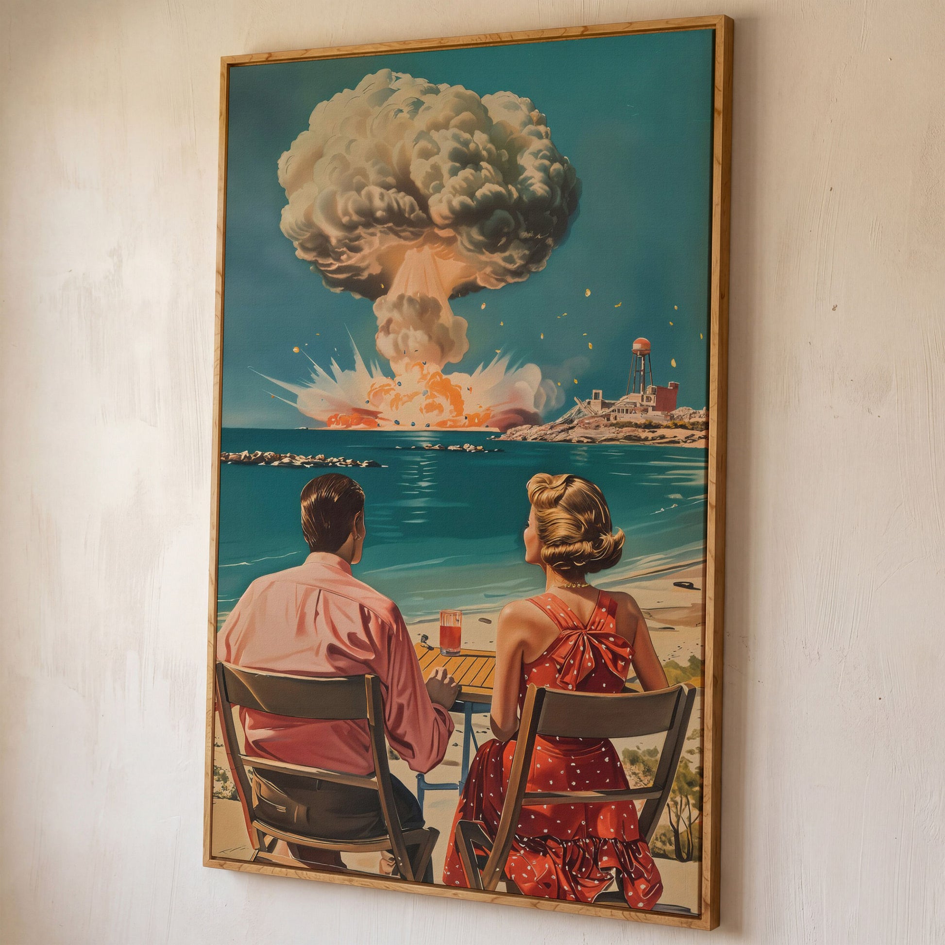 Retro Couple at Atomic Blast Canvas Print shown in white oak floating frame