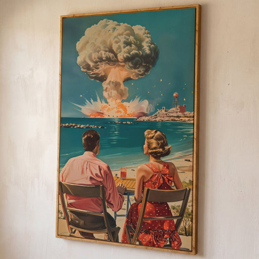 Retro Couple at Atomic Blast Canvas Print shown in white oak floating frame