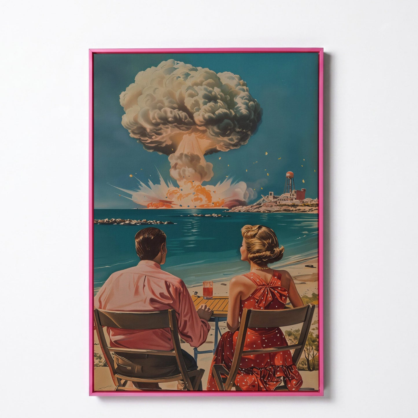 Retro Couple at Atomic Blast Canvas Print in pink floating frame