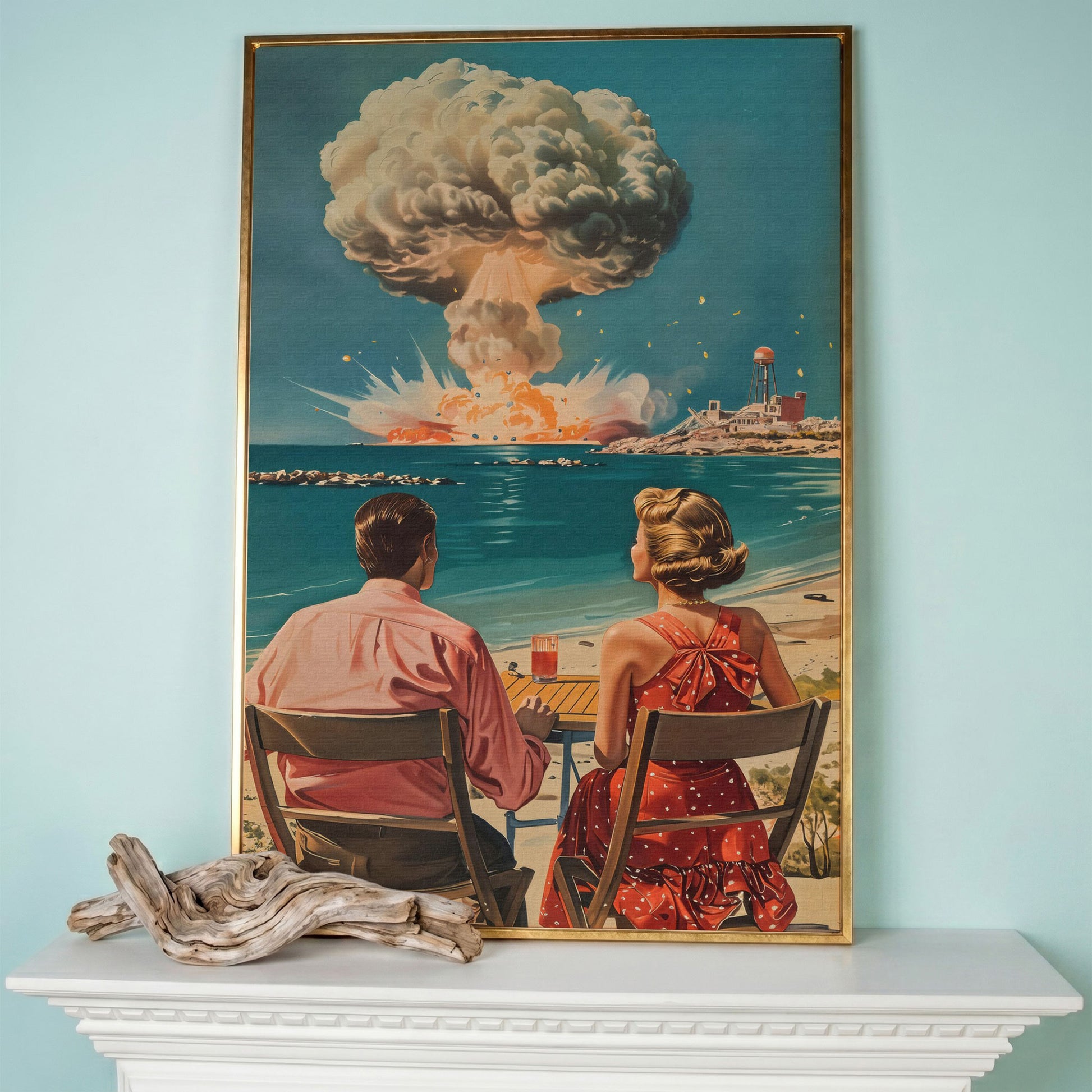 Retro Couple at Atomic Blast Canvas Print in rose gold floating frame