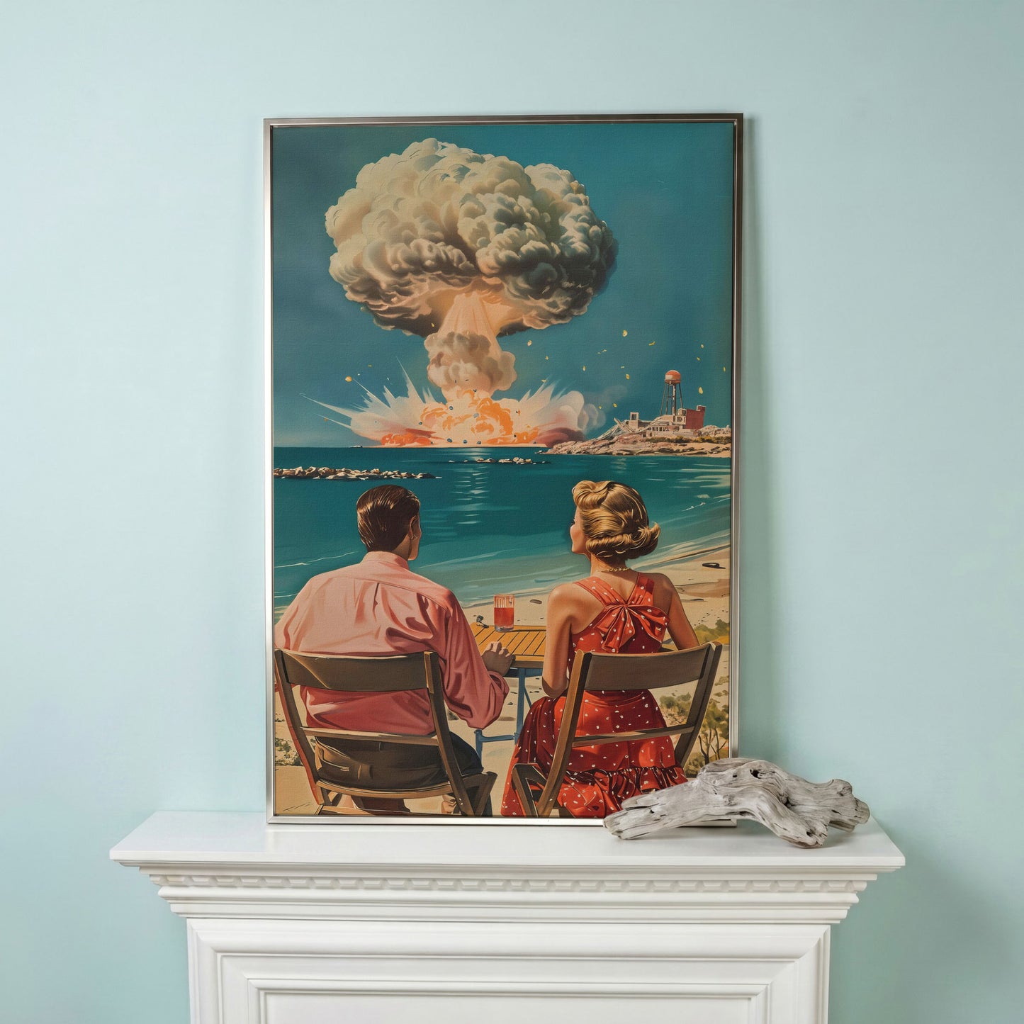 Retro Couple at Atomic Blast Canvas Print in silver floating frame