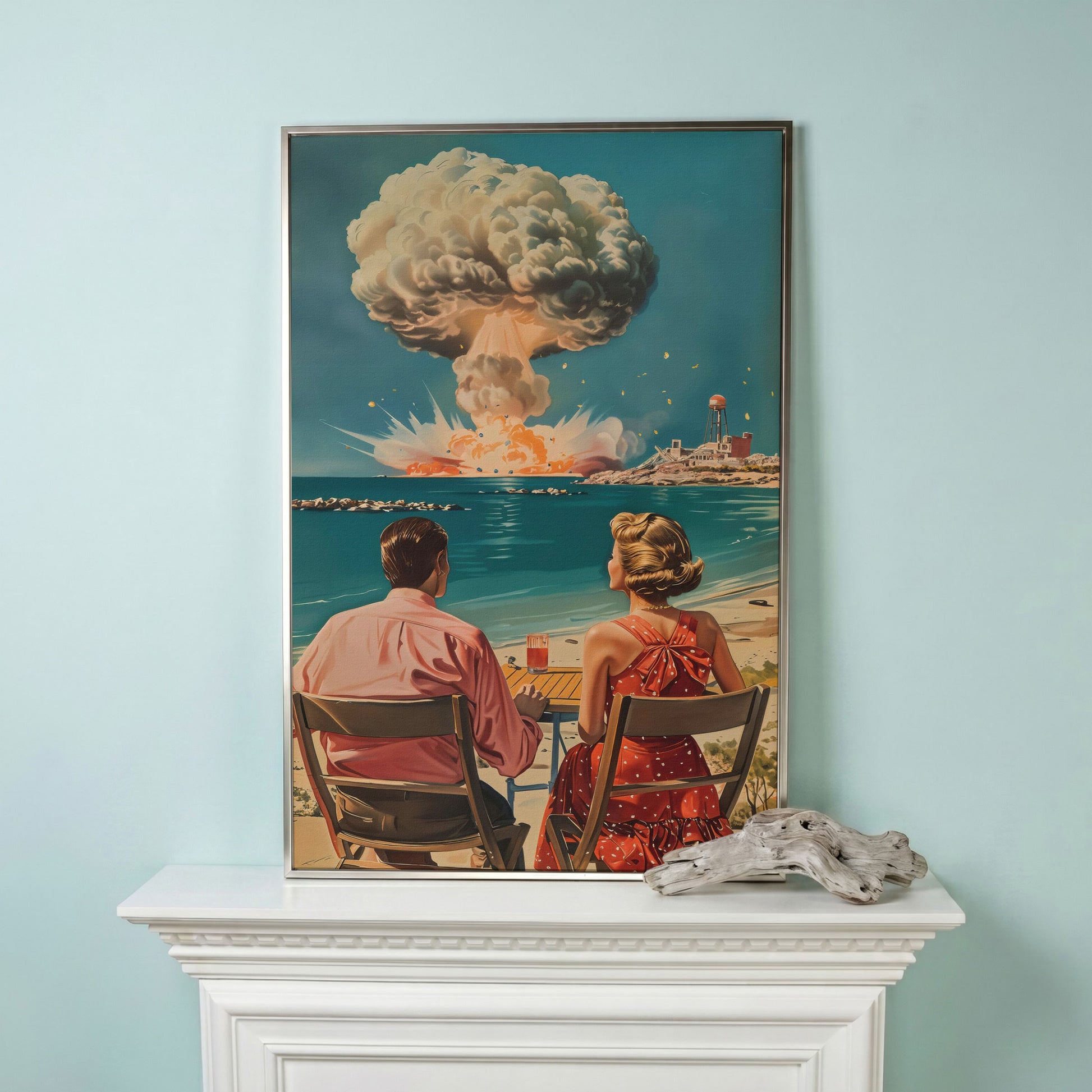 Retro Couple at Atomic Blast Canvas Print in silver floating frame