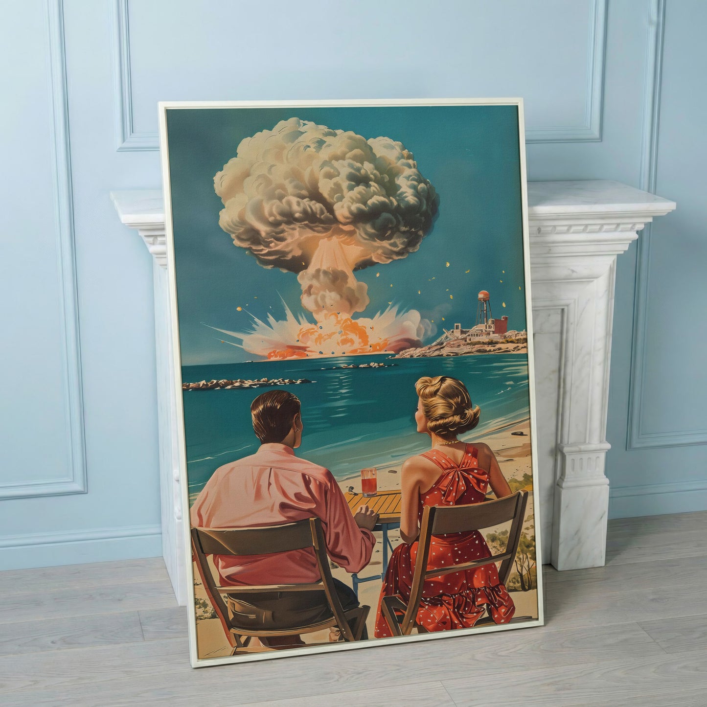 Retro Couple at Atomic Blast Canvas Print in white floating frame