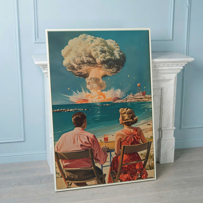 Retro Couple at Atomic Blast Canvas Print in white floating frame
