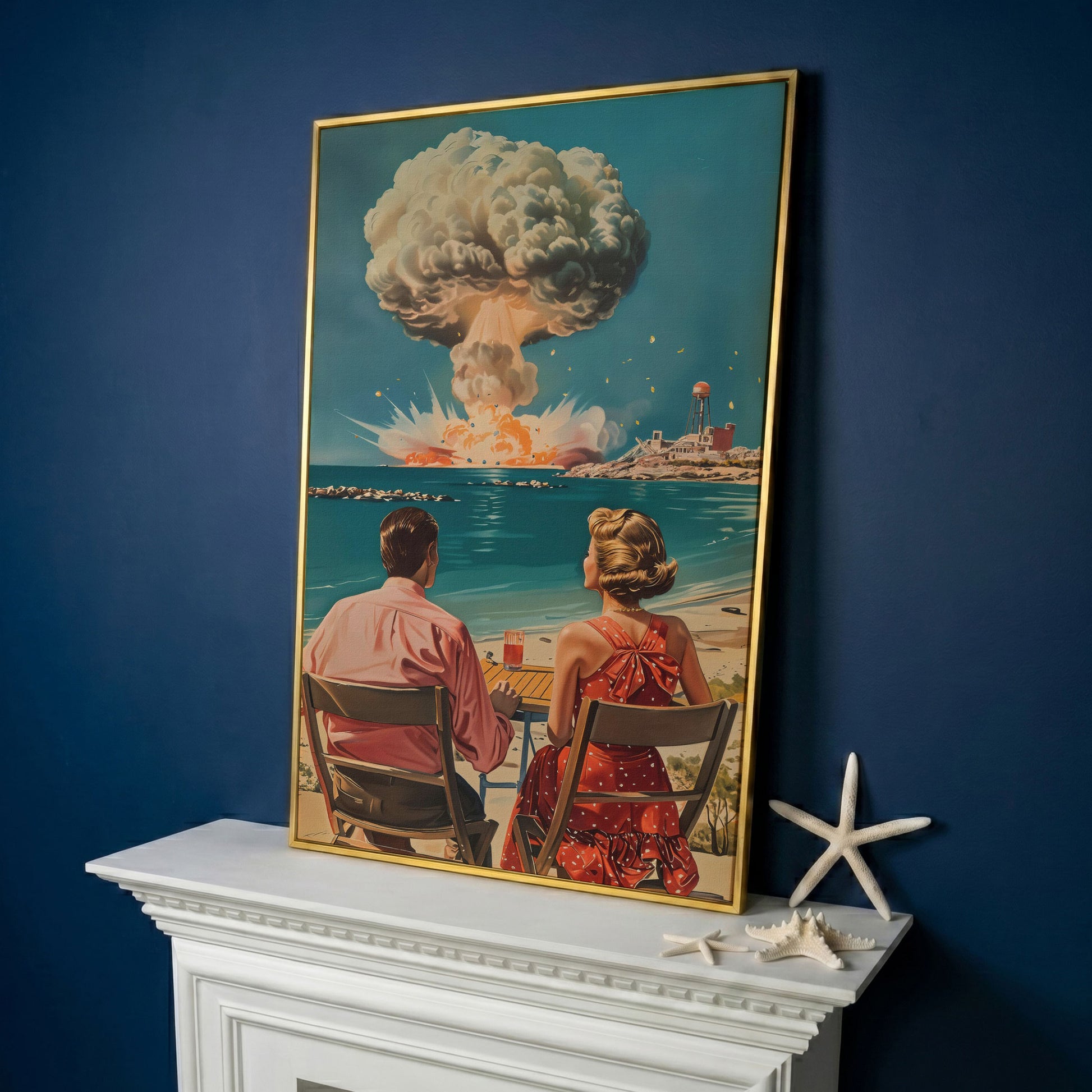 Retro Couple at Atomic Blast Canvas Print in yellow gold floating frame