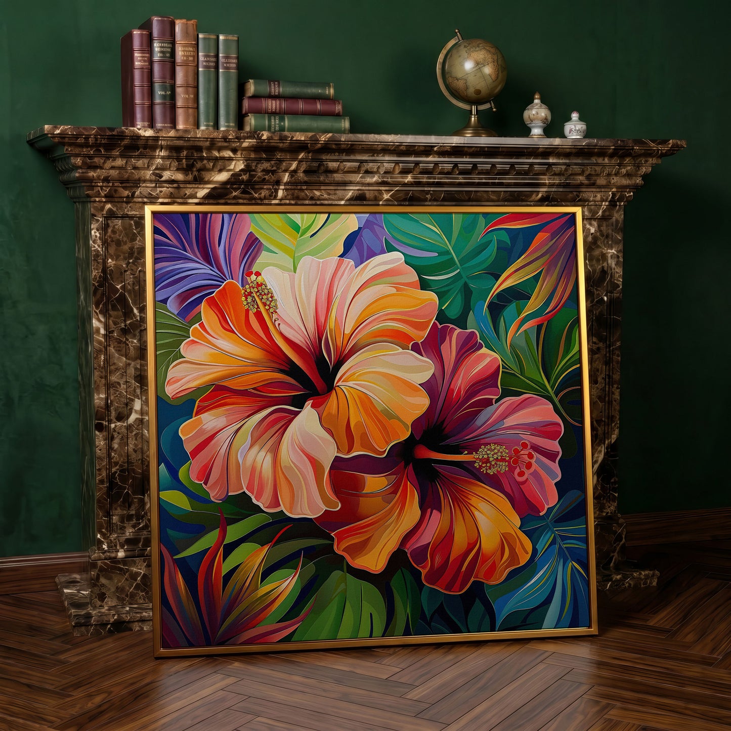 Hibiscus Flowers Canvas Print, Square in antique gold floating frame