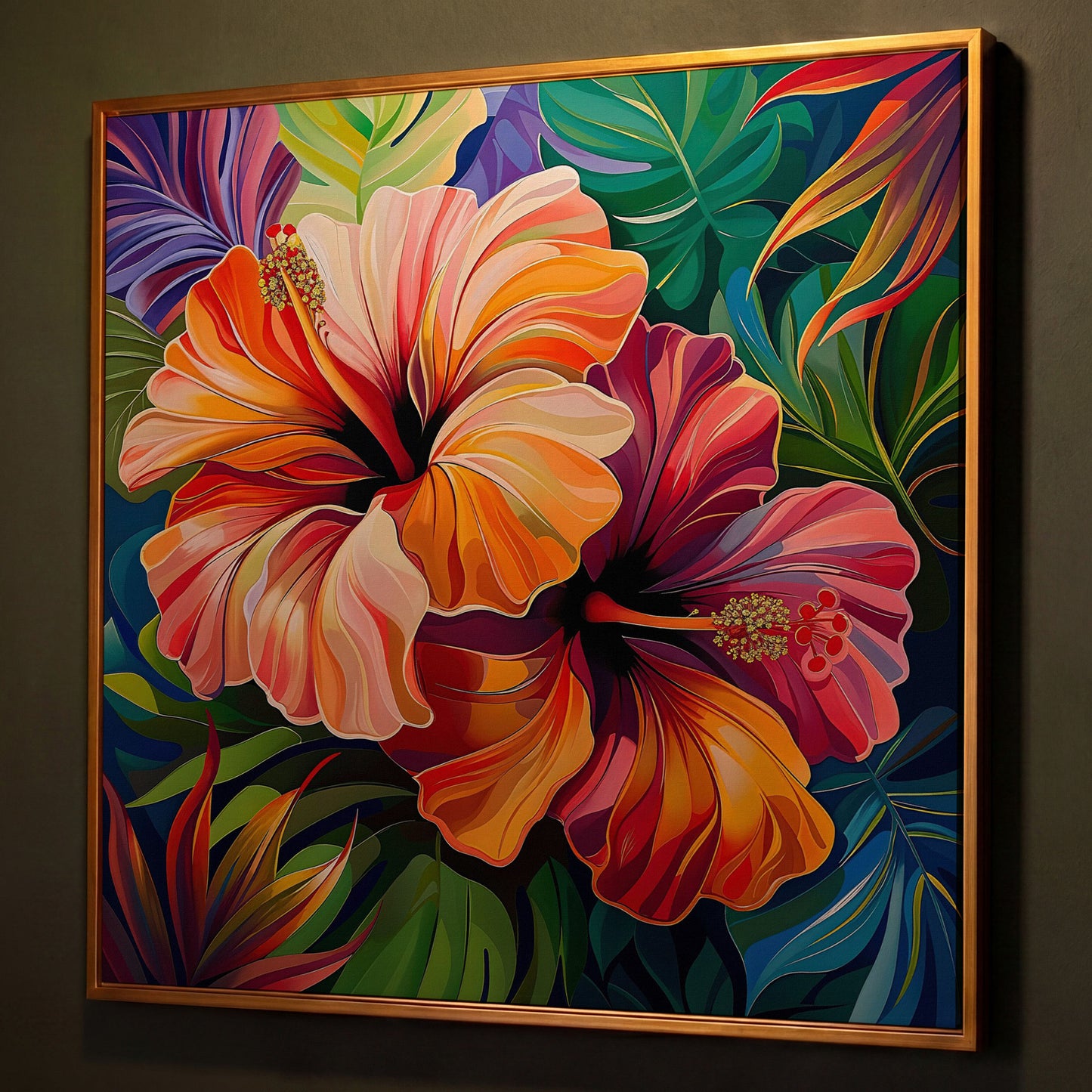 Hibiscus Flowers Canvas Print, Square shown in antique gold floating frame